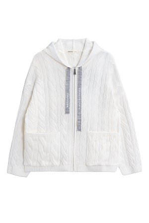 белый Трикотажное худи с объемными косами из мягкой шерсти. Модель свободного силуэта, со спущенной линией плеч, накладными карманами и капюшоном. Изделие декорировано брендированным жаккардом на спине. Застежка на молнию. Выполнено без подкладки. Дополнить образ можно брюками или юбкой в том же стиле.