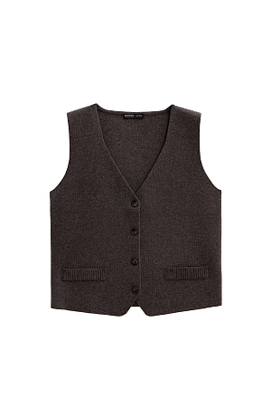 коричневый Трикотажный жилет из смесовой шерсти с кашемиром. Модель прямого кроя с V-образным вырезом и застежкой на пуговицы. Имитация карманов. Без подкладки.