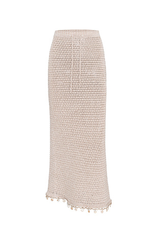 бежевый Трикотажная юбка длины макси на эластичном поясе с кулиской. Модель декорирована тесьмой с крупными бусинами. Дополнить образ можно джемпером в таком же стиле.
