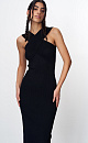 Облегающее длинное трикотажное платье в мелкий рубчик. Изделие декорировано вывязанной перекрещенной деталью на лифе и небольшим разрезом сзади.