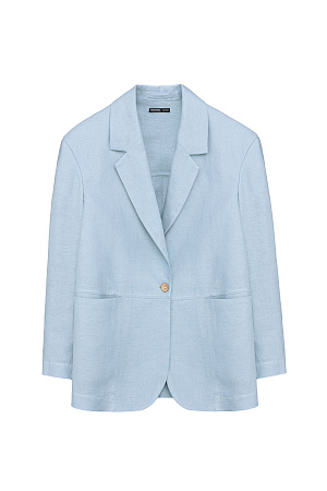 голубой Однобортный жакет из 100% льна. Модель свободного силуэта с англиским воротником и прорезными карманами спереди. Застежка на одну пуговицу. Дополнить образ можно брюками в таком же стиле.