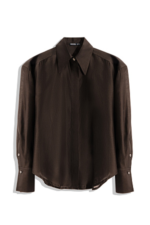 коричневый Рубашка из шелка с добавлением хлопка. Модель прямого кроя с длинными рукавами с манжетами, классическим отложным воротником, увеличенными плечами и завязкой на спинке. Застежка на пуговицы под планкой.