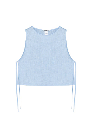 синий Укороченный топ из 100% льна. Модель свободного кроя, без рукавов, с круглым вырезом горловины. Изделие фиксируется завязками по бокам.