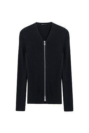 черный Трикотажный кардиган на молнии из вискозы. Модель прямого силуэта, с длинными рукавами и V-образным вырезом. Изделие выполнено в широкий рубчик.