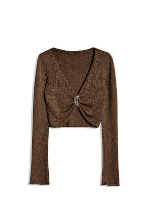 коричневый Трикотажный топ из вискозы с люрексом. Модель укороченного силуэта с длинными рукавами, валиками на манжетах, глубоким V-образным вырезом декольте и акцентным элементом на лифе.