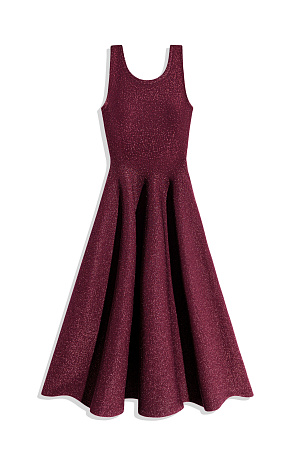 бордовый Трикотажное платье длины миди с люрексом. Модель по фигуре с юбкой, расклешенной от талии, без рукавов, на широких бретельках.