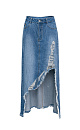 Джинсовая юбка из 100% хлопка в стиле гранж. Модель прямого кроя длины миди, со средней посадкой, пятью карманами и шлевками на поясе для ремня. Застежка на молнию и пуговицу. Изделие декорировано высоким рваным разрезом от бедра, создающим асимметрию юбки.