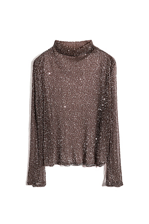 коричневый Прозрачный топ с длинными рукавами и воротником-стойкой. Модель декорирована пайетками.
