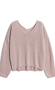 Джемпер из вискозы с добавлением люрекса. Модель свободного силуэта, со спущенной линией плеч и V-образным вырезом. Манжеты рукавов и низ изделия выполнены в рубчик.