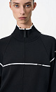 Вискозный трикотажный бомбер спортивного стиля с контрастными лампасами. Модель прямого кроя с длинными рукавами, манжетами на эластичной резинке и воротником-стойкой. По низу изделия предусмотрена регулируемая кулиска. Застежка на молнию.