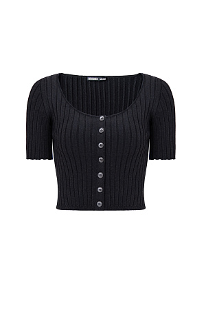 черный Укороченный кроп-топ на пуговицах из вискозы, выполнен из мягкой пряжи в рубчик, с коротким рукавом.