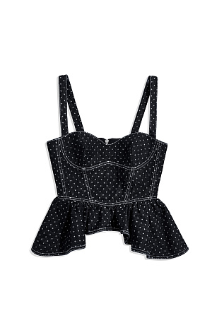 черный Джинсовый топ с принтом в горох из 100% хлопка. Модель приталенного силуэта на широких бретельках, с фигурным лифом, акцентными строчками и баской. Застежка на молнию сзади. 