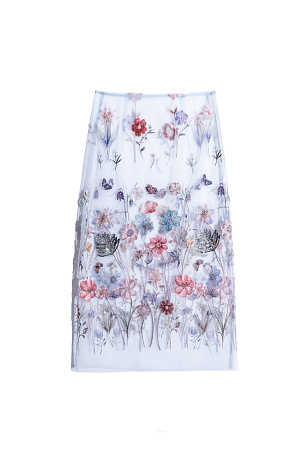 голубой Юбка длины миди с цветочным орнаментом, вышитым пайетками и бисером. Модель без подкладки. Застежка на молнию сбоку.
