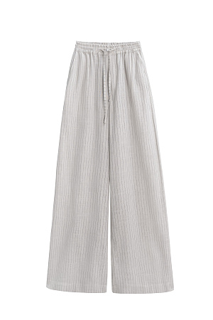 серый Брюки в полоску изо льна с добавлением вискозы. Модель прямого кроя, с эластичным поясом на кулиске. Дополнить образ можно жакетом.