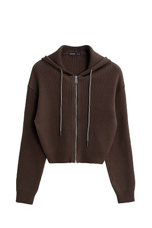 коричневый Короткий трикотажный бомбер из шерсти. Модель свободного силуэта, со спущенной линией пллеч, длинными рукавами и капюшоном с кулиской. Низ изделия и манжеты рукавов выполнены на эластичной резинке. Застежка на молнию.