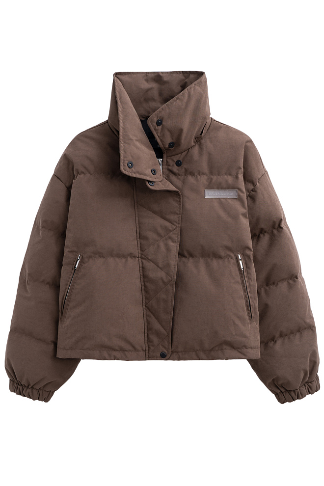 Утепленный пуховик с воротником-стойкой и капюшоном на молнии