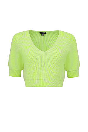 зеленый Трикотажный топ из хлопка с V-образным вырезом и коротким рукавом. Манжеты и низ изделия в рубчик.
