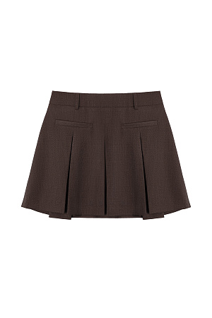 коричневый Юбка длины мини из шерсти. Модель прямого кроя, с крупными складками, поясом со шлевками для ремня, врезными карманами спереди и застежкой на молнию. Изделие без подкладки.
