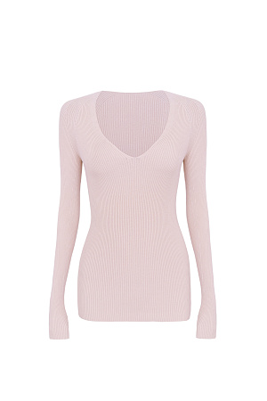 розовый Трикотажный лонгслив из вискозы. Модель приталенного силуэта с глубоким V-образным вырезом. Изделие выполнено в рубчик.