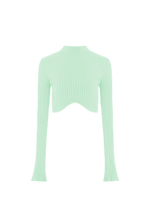 ментол Трикотажный топ в рубчик с длинным рукавом и фигурным низом. Дополнить образ можно юбкой в таком же стиле. 