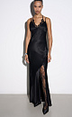 Платье-комбинация длины макси из атласной вискозы. Модель приталенного силуэта, на тонких регулируемых бретельках и высоким вырезом сбоку. Декольте изделия декорировано шифоновыми вставками.