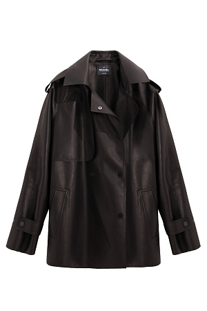 коричневый коричневый Тренч из двусторонней экокожи. Модель прямого кроя с широким отложным воротником и кокеткой. Изделие декорировано патами на плечах и манжетах рукавов. Два боковых кармана. Застежка на кнопки.