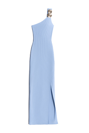 голубой Платье длины макси на одно плечо. Изделие выполнено в рубчик и декорировано акцентным элементом на плече и перекрутом на спине. Модель приталенного силуэта с разрезом спереди.