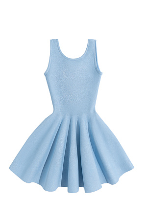 голубой Трикотажное платье длины мини с люрексом. Модель по фигуре с юбкой, расклешенной от талии, без рукавов, на широких бретельках.