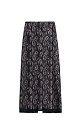 Юбка длины миди, выполненная из кружева на подкладке контрастного цвета. Модель прямого силуэта, с разрезом сзади и застежкой на молнию.