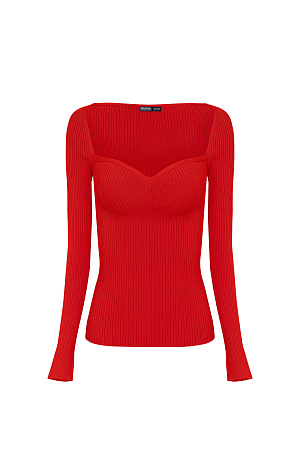 красный Трикотажный топ из вискозы. Модель приталенного силуэта с вывязанным открытым декольте, длинными рукавами и разрезом на манжетах.