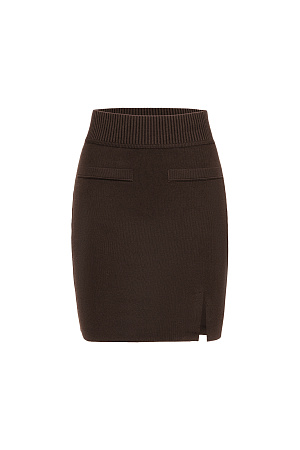 коричневый Классическая трикотажная юбка длины мини из вискозы с добавлением эластана. Модель приталенного силуэта с эластичным поясом на резинке и карманами. Изделие декорировано небольшим разрезом спереди.