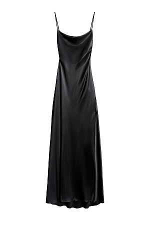 черный Атласное платье-комбинация длины миди из 100% вискозы. Модель приталенного силуэта, с высоким разрезом сбоку и открытой спиной,&nbsp;&nbsp;Изделие выполнено на тонких регулируемых бретелях. 
