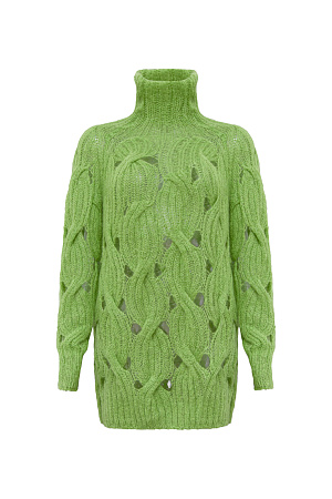 зеленый Объемный удлиненный джемпер с мохером, вязка выполнена крупными косами. Высокий ворот под горло. Манжеты рукавов и низ изделия на резинке. 