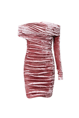 розовый Платье из велюра длины мини. Модель приталенного силуэта, с открытой линией плеч и одним рукавом. Изделие декорировано драпировкой. Благодаря необычной текстуре ткани достигается эффект перелива цвета.