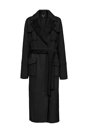 черный Длинная дубленка из экомеха. Модель прямого силуэта с английским воротником, накладными карманами и поясом. Изделие выполнено на подкладке из экомеха.