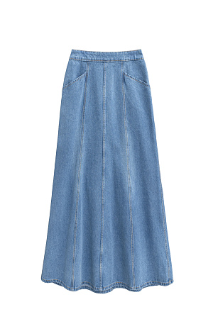 голубой Джинсовая юбка из 100% хлопка длины миди. Модель А-силуэта с объемными вертикальными швами, двумя прорезными карманами спереди и двумя накладными карманами сзади. Застежка на молнию.