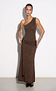 Вечернее платье длины макси из вискозы с люрексом. Модель по фигуре асимметричного кроя. Изделие декорировано широкой перемычкой на плече и драпированной повязкой на бедрах.