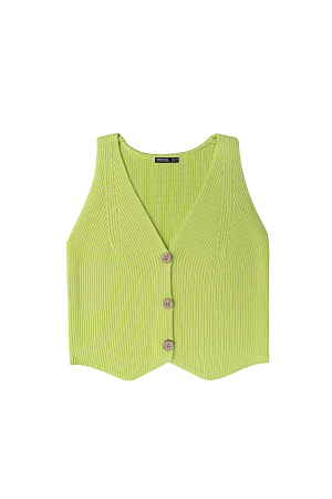 зеленый Трикотажный жилет из хлопка. Модель прямого кроя с V-образным вырезом и застежкой на пуговицы. Дополнить образ можно юбкой в таком же стиле.