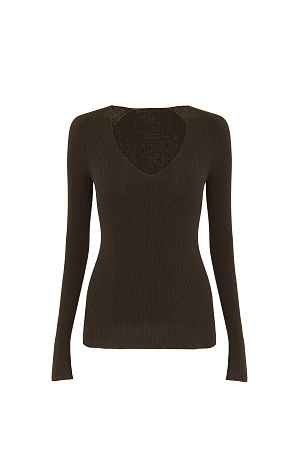 коричневый Трикотажный лонгслив из вискозы. Модель приталенного силуэта с глубоким V-образным вырезом. Изделие выполнено в рубчик.