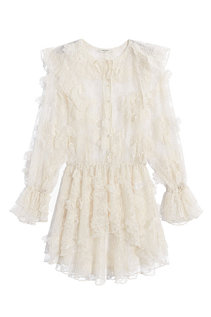 молочный Платье длины мини из тонкого кружева с объемным декором в виде цветов. Модель свободного кроя с длинными рукавами, манжетами и круглым вырезом горловины с жабо. Застежка на пуговицы. Горловина фиксируется на шее тонким шнурком. Изделие выполнено без подкладки.