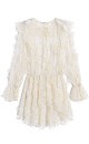 Платье длины мини из тонкого кружева с объемным декором в виде цветов. Модель свободного кроя с длинными рукавами, манжетами и круглым вырезом горловины с жабо. Застежка на пуговицы. Горловина фиксируется на шее тонким шнурком. Изделие выполнено без подкладки.