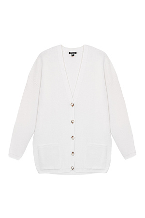 белый Трикотажный кардиган из хлопка с добавлением вискозы. Модель свободного силуэта, со спущенной линией плеч, V-образным вырезом и накладными караманами. Застежка на пуговицы.