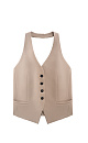 Жилет из поливискозы с открытой спиной и вырезом халтер. Модель приталенного силуэта с глубокой проймой, V-образным вырезом горловины и прорезными карманами. Застежка на пуговицы.