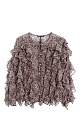 Блуза с воланами и анималистичным принтом. Модель свободного силуэта с объемными рукавами и завязками на горловине. Застежка на пуговицы.