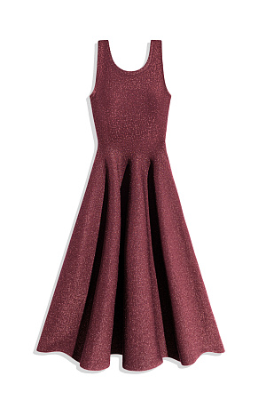 бордовый Трикотажное платье длины миди с люрексом. Модель по фигуре с юбкой, расклешенной от талии, без рукавов, на широких бретельках.