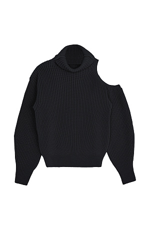 черный Трикотажный джемпер из смесовой шерсти. Модель свободного силуэта со спущенной линией плеча, высоким воротом и вырезом на плече. Низ изделия и манжеты рукавов на резинке.