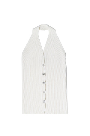 молочный Трикотажный жилет в рубчик из шерсти и кашемира. Модель по фигуре с V-образным вырезом и американской проймой. Застежка на пуговицы. 