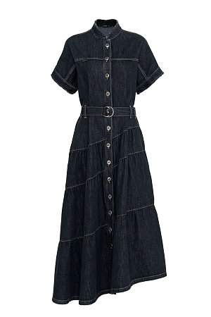 черный Джинсовое платье-рубашка с асимметричным низом и поясом в тон. Застёжка на пуговицы обеспечит удобство надевания и регулировку глубины выреза.