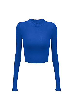 синий Трикотажный кроп-топ из вискозы с длинным рукавом, круглым вырезом горловины и фигурным низом. Края изделия выполнены в рубчик.