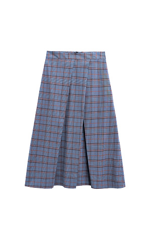 синий Юбка длины миди из шерсти в клетку. Модель А-силуэта с крупными косыми складками спереди. Застежка на молнию сзади. Изделие без подкладки.